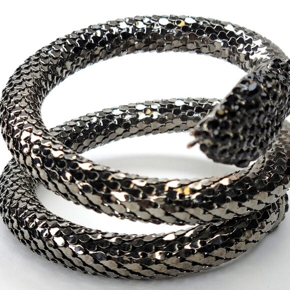 Vintage Mesh Black Rhinestone 3 Coil Serpent SIlver Snake Bracelet - Picture 4 of 12